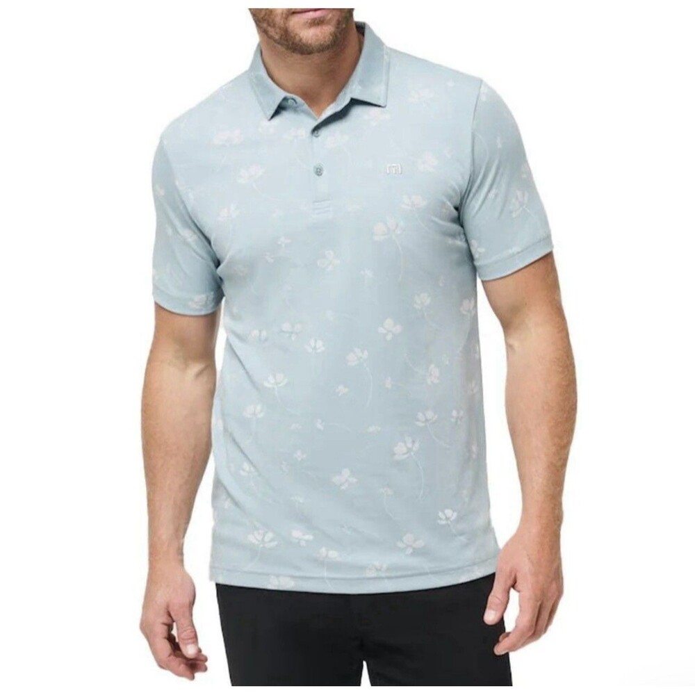 Travis Mathew Good Time Feeling Golf Polo Shirt Performance Blue Print Size XL